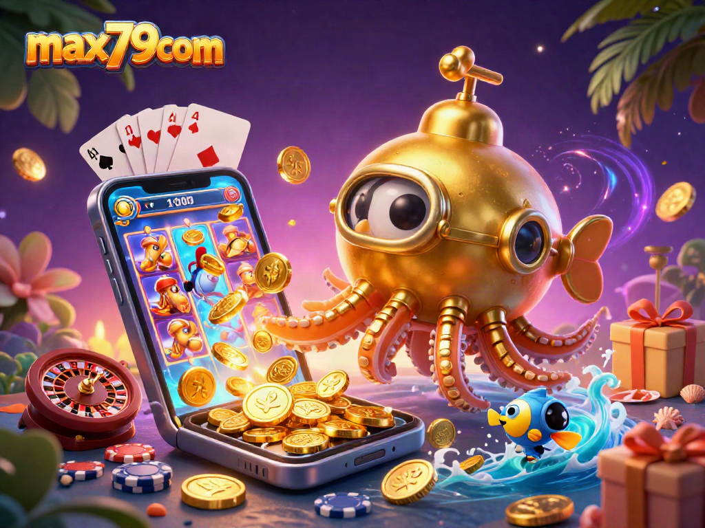 Experience thrilling gameplay with max79com's vibrant casino elements framed by coins and gold.