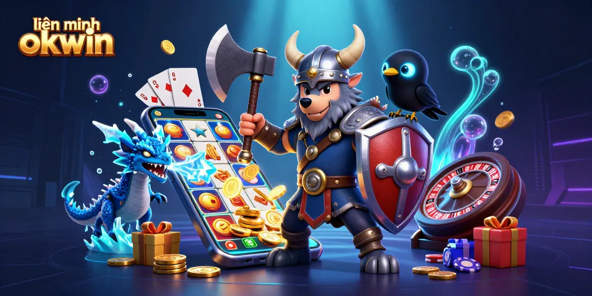 Spin the reels and win with liên minh okwin in this vibrant cartoon illustration showcasing various casino elements.