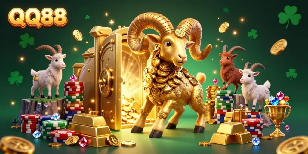 Experience the thrill of QQ88 with a cartoonish depiction of golden rewards bursting from a vault.