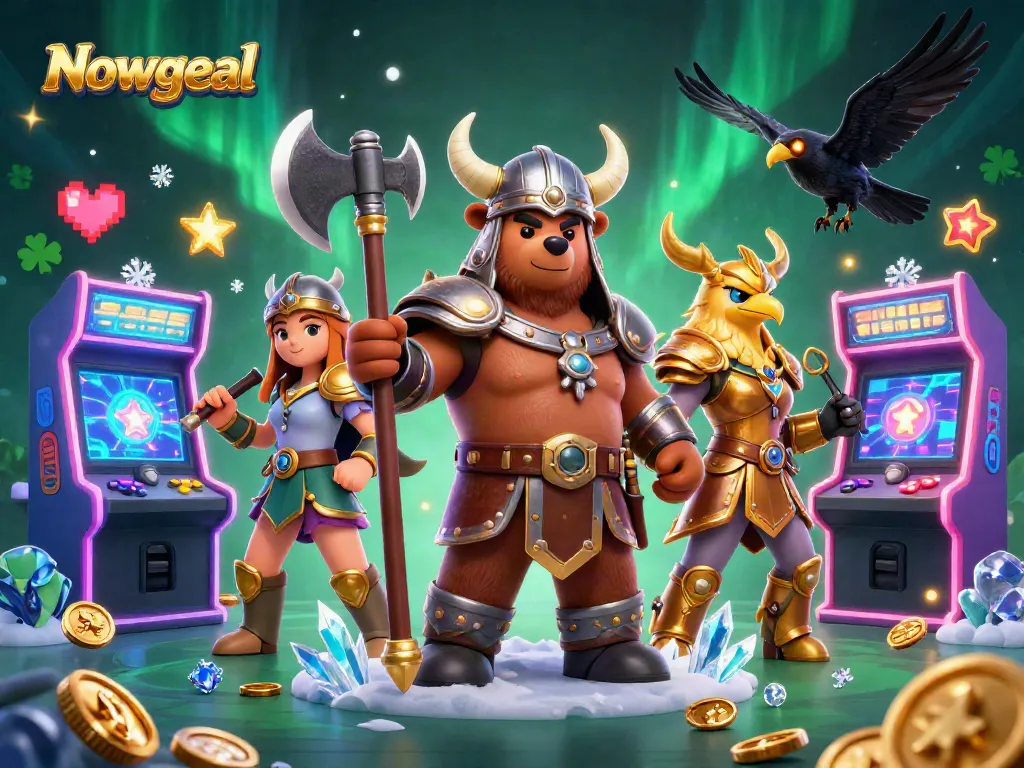 Experience the excitement of Nowgoal as a Viking berserker and Valkyrie eagle battle for big wins amidst vibrant gaming elements.