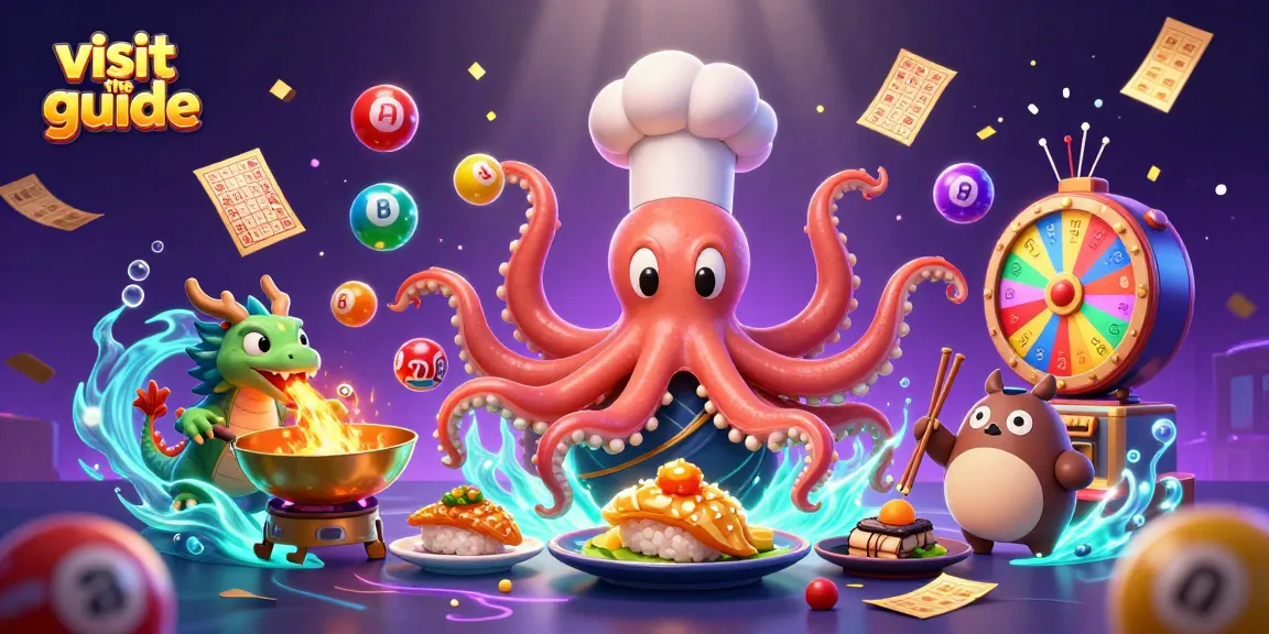 Engaging 3D illustration showcasing a sushi chef octopus cooking in a casino scene, inviting you to visit the guide.