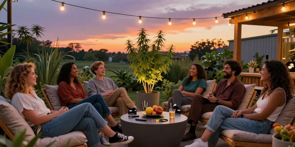Friends enjoying weed pens in a cozy outdoor lounge during sunset, surrounded by greenery and warm ambiance.