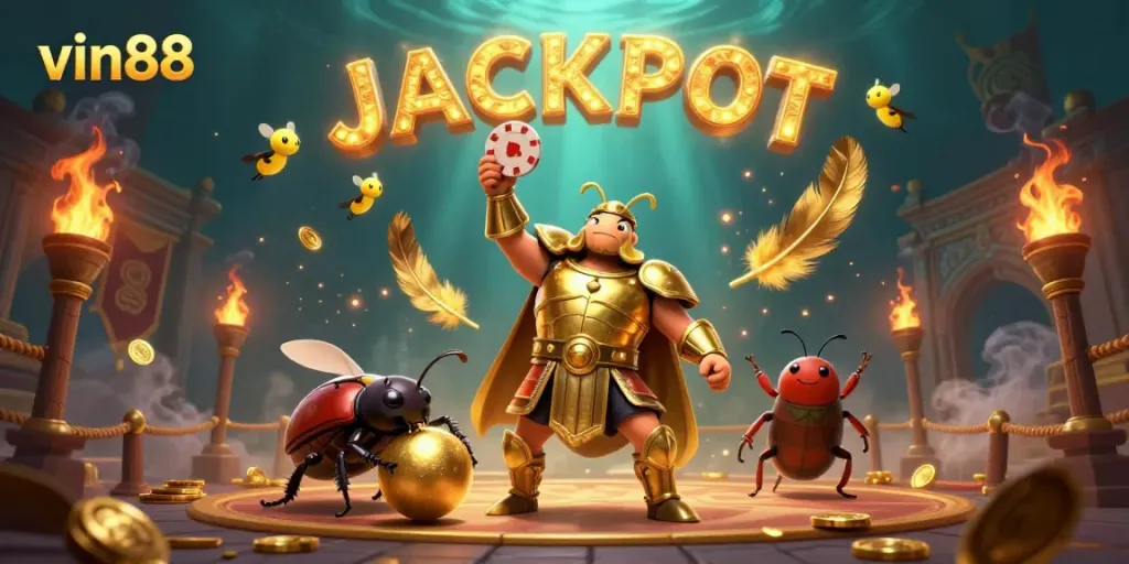 vin88's golden beetle hero celebrates victory in a rich, vibrant casino-themed scene.