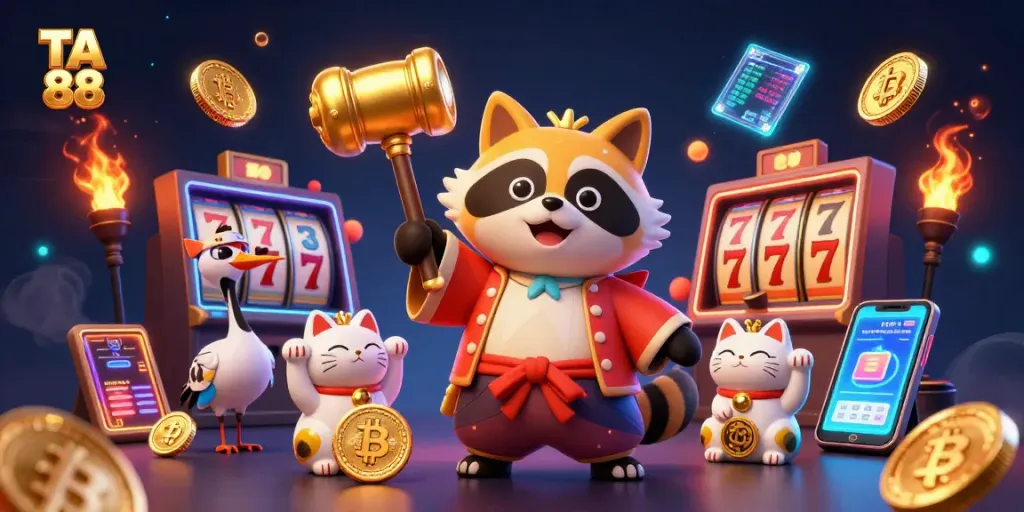 Experience thrilling action with TA 88 as cheerful characters celebrate casino wins in a vibrant scene.