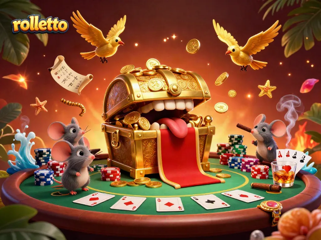 Engage with rolletto's exciting gaming scene featuring a treasure chest and poker elements.