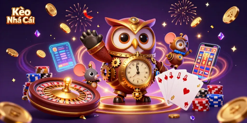 Experience the thrill of Kèo Nhà Cái with a captivating time-traveling scene filled with vibrant casino elements.