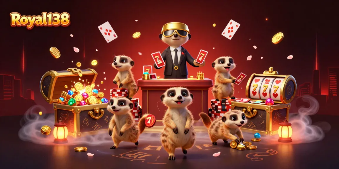 Slot gacor Royal138 dengan koloni meerkat menjalankan kasino dengan detail menarik di latar belakang