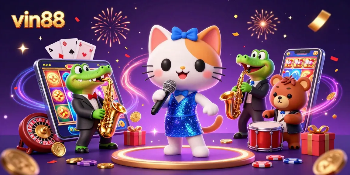 Experience vin88 with a vibrant casino scene featuring a singing cat, playing cards, and golden coins.
