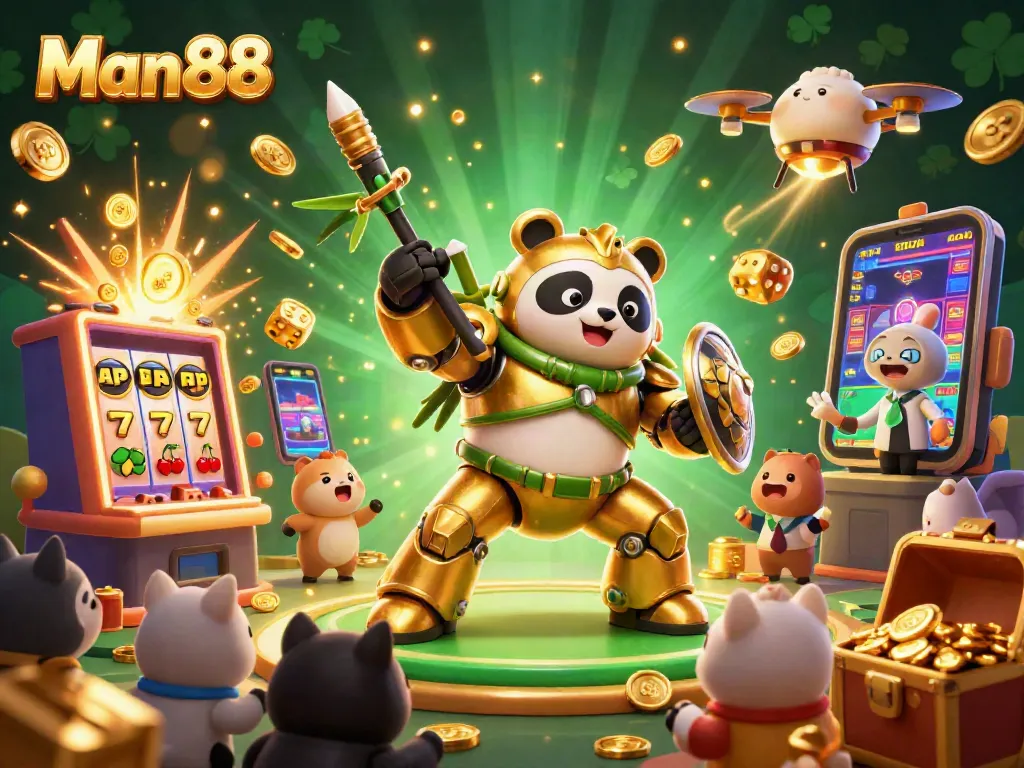Engage with Man 88's vibrant casino experience as golden panda battles in a 3D slot wonderland.