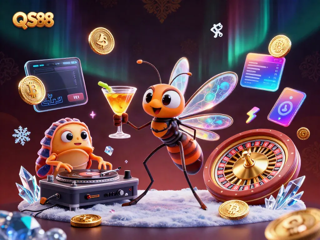 Engage with the thrilling QS88 casino world while encountering a 3D cartoon mosquito mascot and fossil DJ spinning excitement.