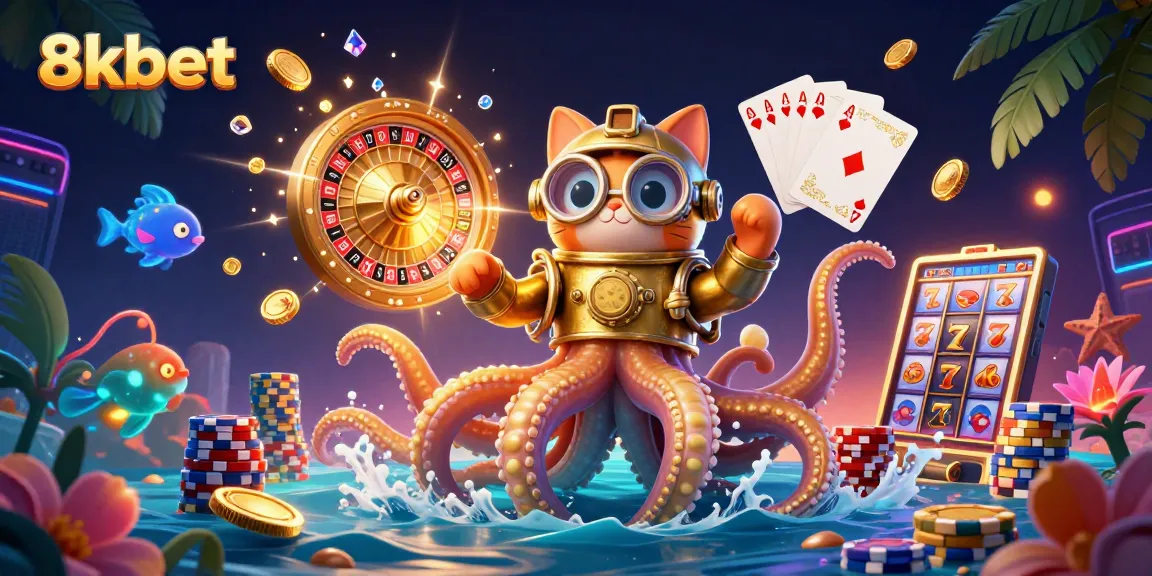 Spin the wheel and explore exciting games at 8xbet, featuring a vibrant underwater casino scene.