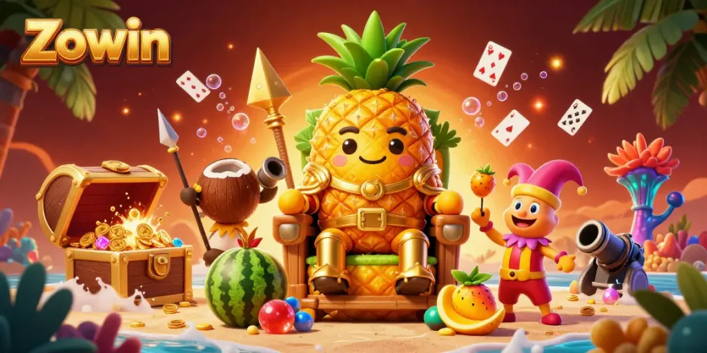 Experience thrilling casino fun with Zowin as the golden pineapple king reigns amidst gaming excitement.