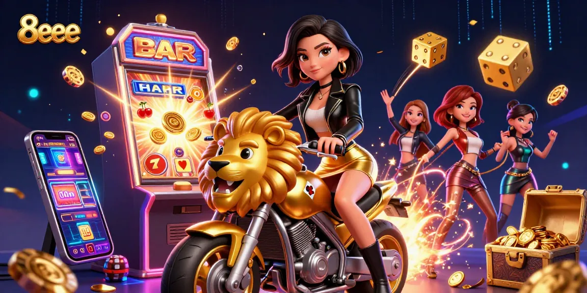 Experience the thrill of 8eee with a glamorous woman riding a golden lion, surrounded by casino excitement.