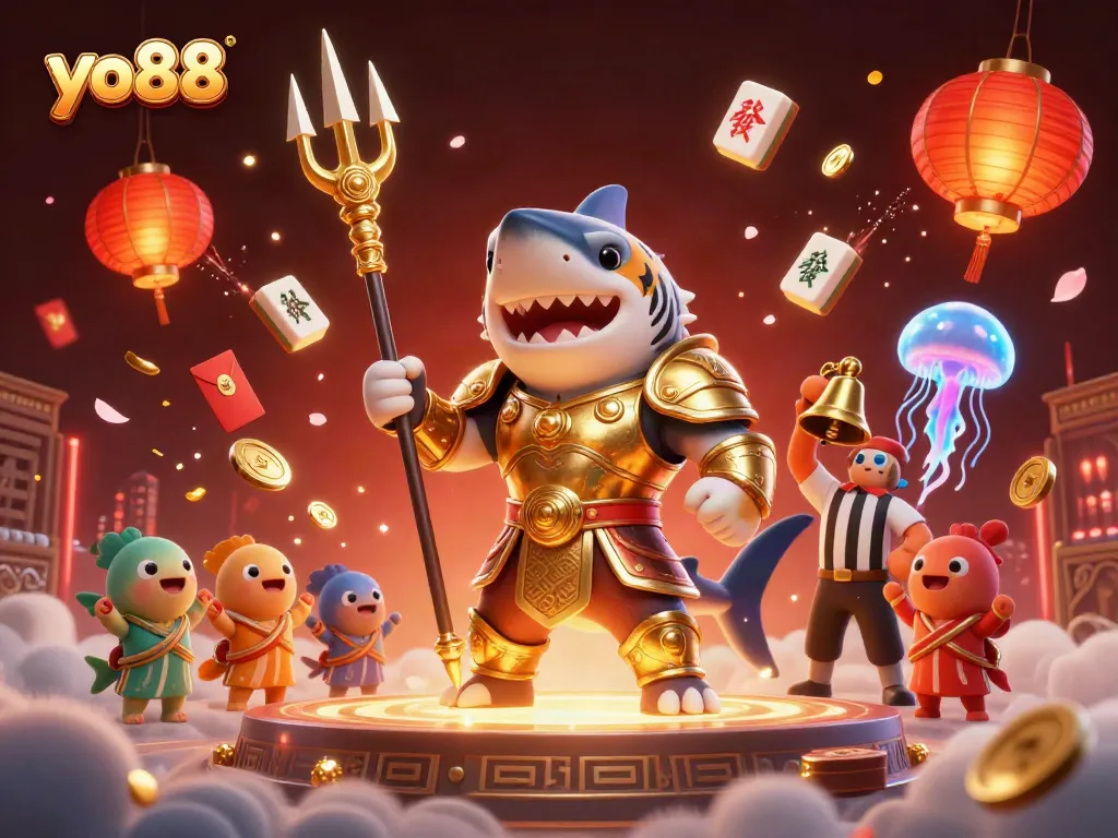 YO88's thrilling underwater casino scene features vibrant elements and a shark gladiator.