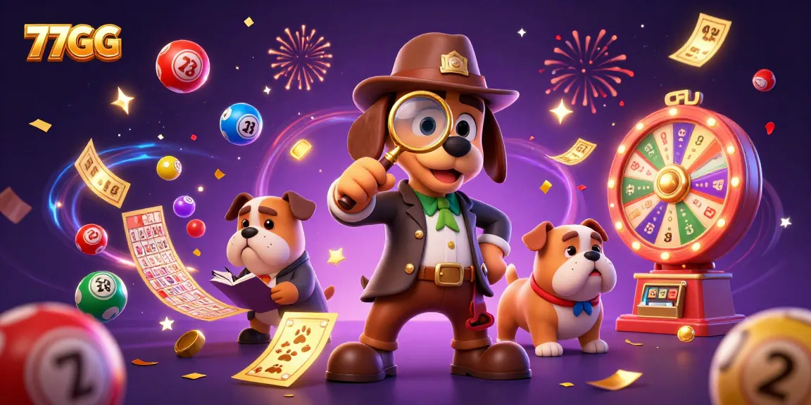77GG captures poker excitement with a detective and bulldog amid vibrant lottery balls and sparkling confetti.