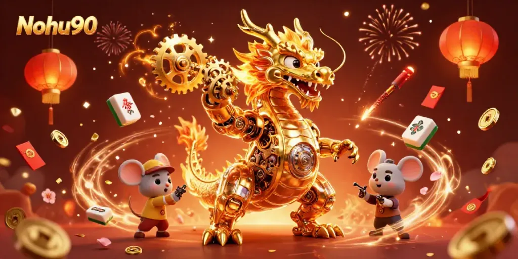 Nohu90 offers vibrant 3D casino action, featuring a golden dragon amidst dynamic game elements and colorful decorations.