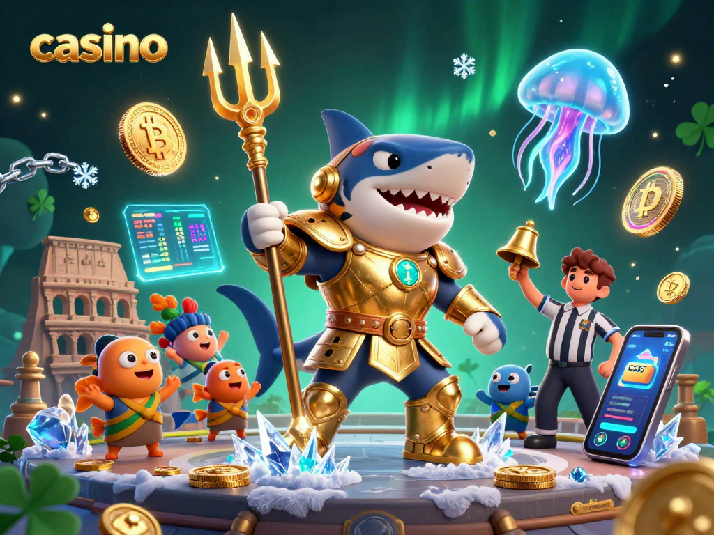 Engage in thrilling casino action with a shark gladiator amidst crypto elements in a vibrant scene.