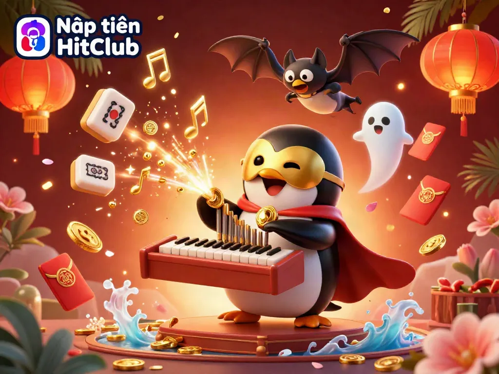 Nạp tiền HitClub with a lively 3D cartoon scene featuring a penguin playing a pipe organ shooting coins, capturing the spirit of gaming excitement.