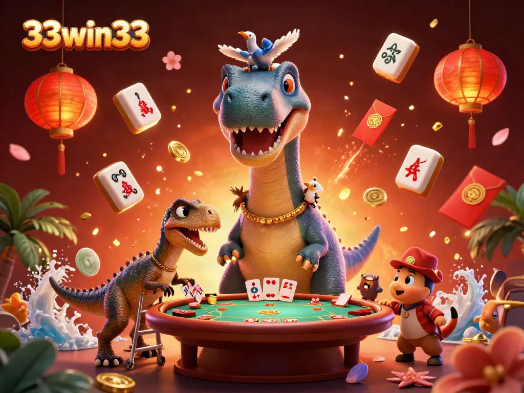 Experience the excitement of 33win33 with vibrant casino action in a dynamic 3D illustration.