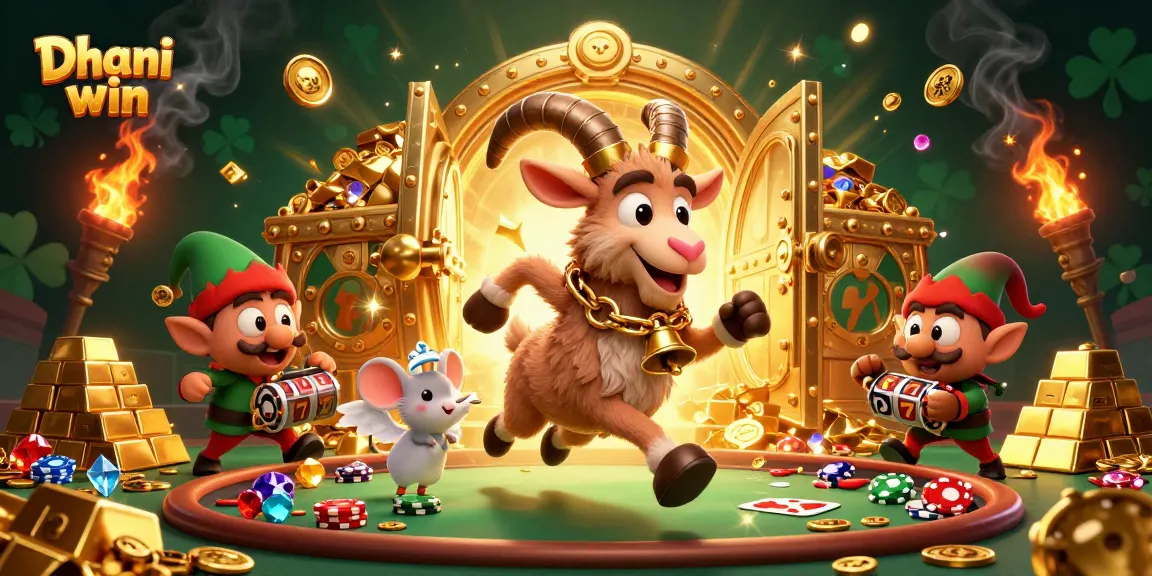 Dive into Dhani win's thrilling casino games with lively cartoon characters amidst jackpot treasures.