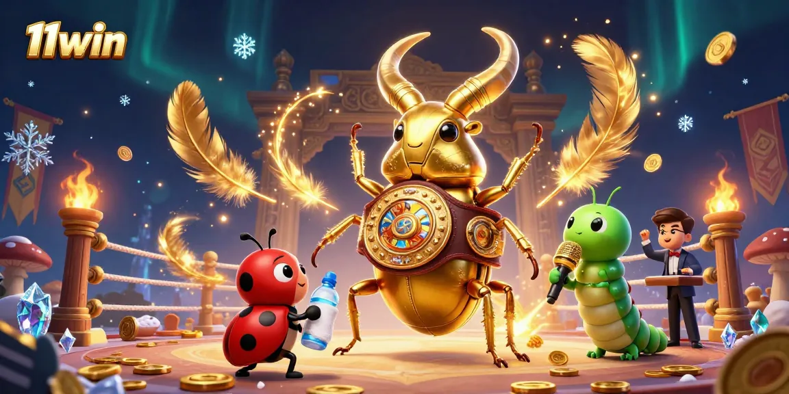 Engage with 11win through vibrant casino action featuring a boxing stag beetle and animated backdrop.