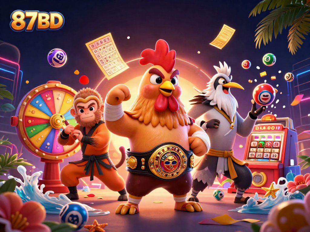 Experience the excitement of gaming at 87BD with colorful lottery elements and dynamic characters.