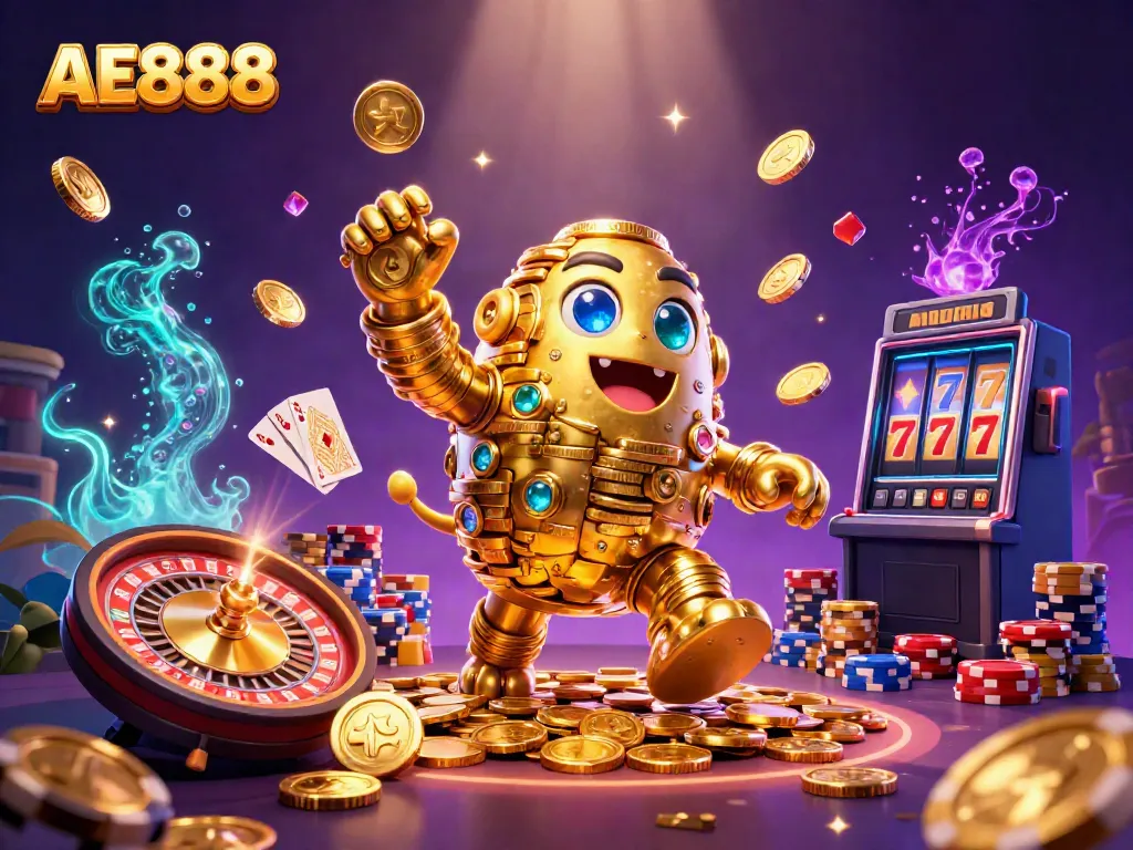 Engage with AE888's exciting gaming universe featuring a golden golem amidst cascading rewards and vibrant gaming elements.