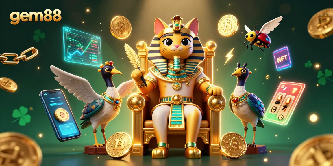 Experience the excitement of gem88 with a vibrant 3D scene featuring an Egyptian pharaoh cat and crypto elements.