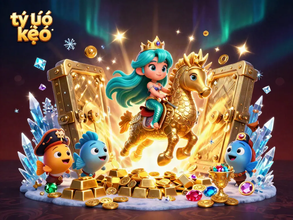 Engage with tỷ lệ kèo in a vibrant casino-themed scene featuring a mermaid and treasures.
