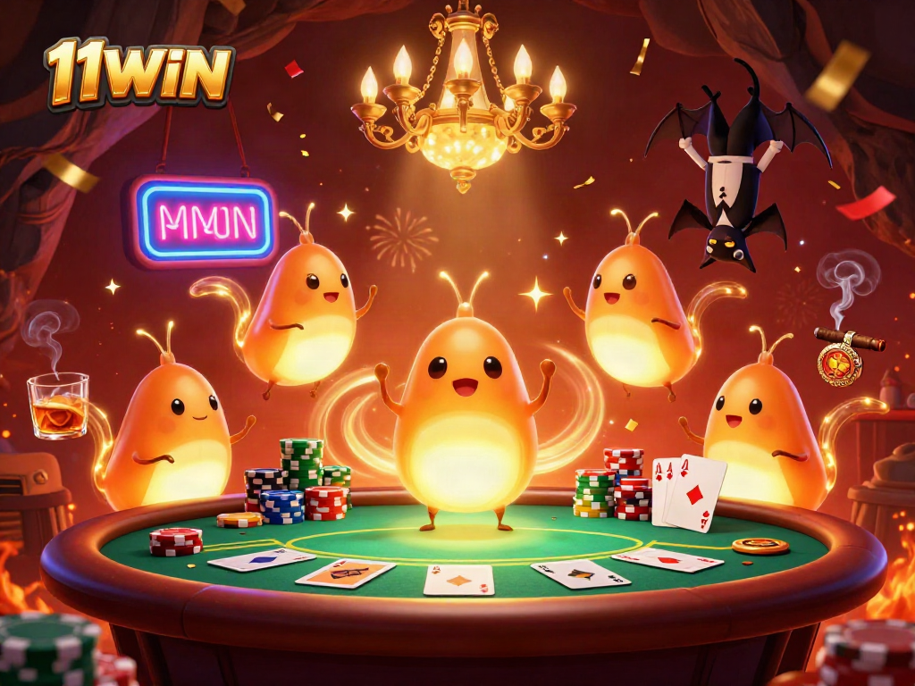 Play exciting poker at 11WIN with glowing glowworms illuminating a vibrant casino atmosphere.