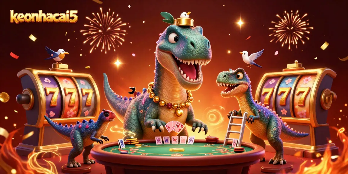 Engage with keonhacai5 as a brontosaurus oversees a thrilling gambling scene with a raptor dealer, showcasing vibrant casino elements.