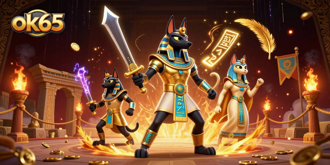 Experience excitement with ok65 as Anubis and Bastet engage in a vibrant casino battle scene.
