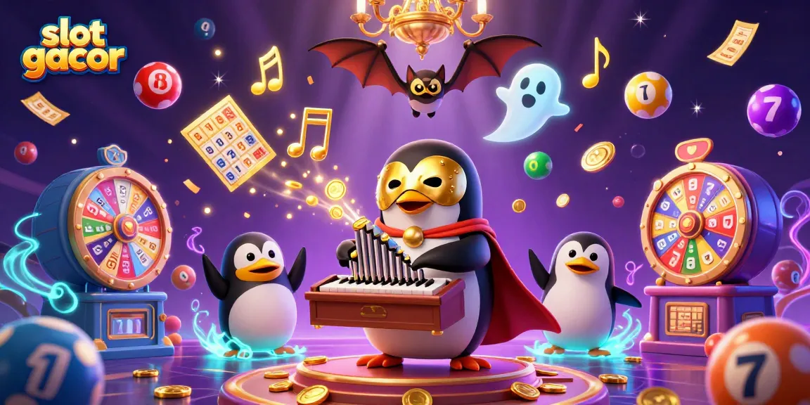 Experience the thrill of slot gacor with a vibrant 3D scene featuring a penguin at a treasure-filled organ.