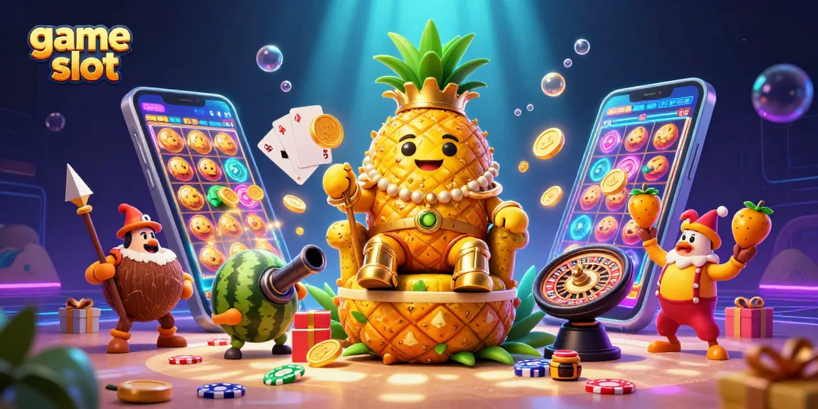 Engage with game slot excitement featuring a golden pineapple king and vibrant casino elements in a lively scene.