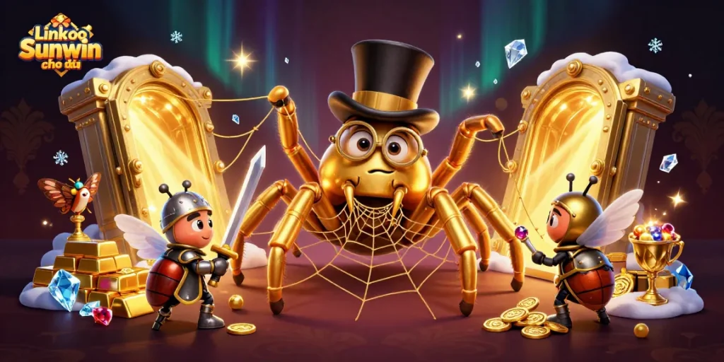 Engaging scene of Link vào Sunwin chính thức with a golden tarantula and beetle knight in a vibrant casino