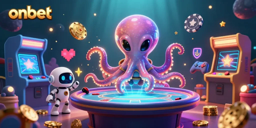 Engage in exciting games at Onbet with a whimsical alien octopus and casino-themed elements.