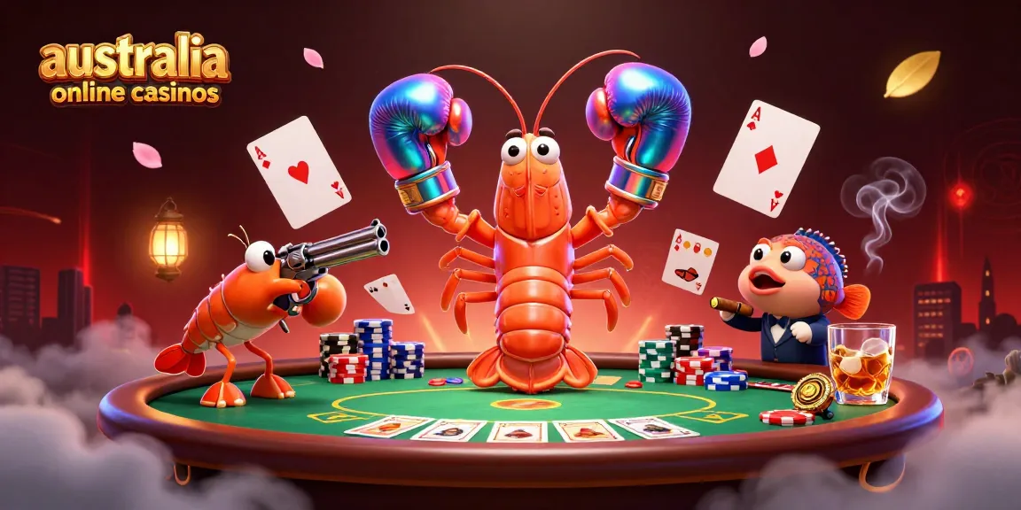 A lively scene of a mantis shrimp and friends celebrating australia online casinos with poker chips and cards.
