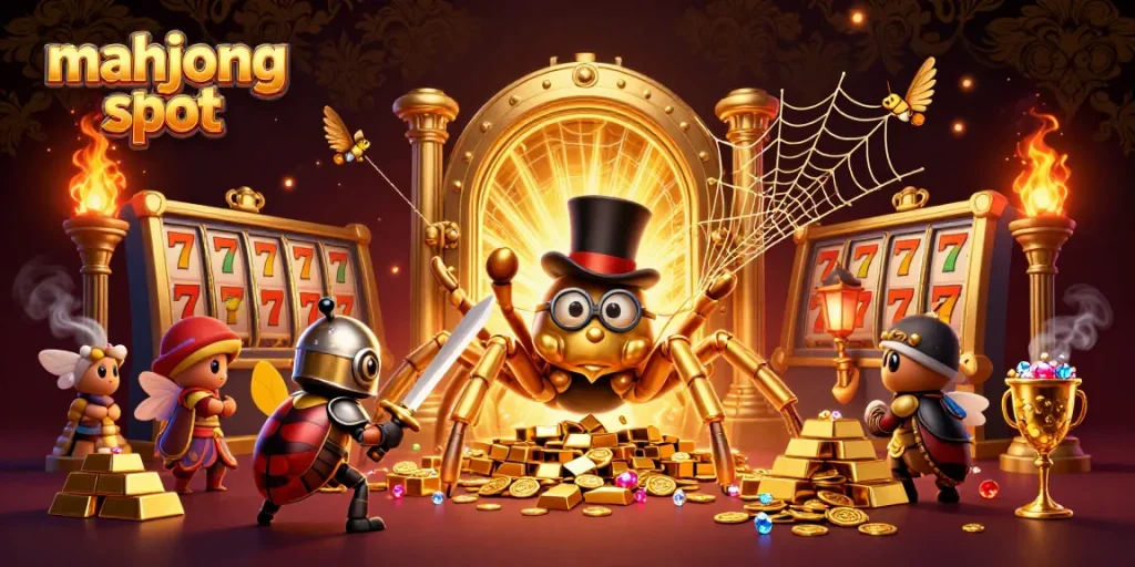 Experience the thrill of mahjong slot as a giant golden tarantula weaves fortune in a vibrant casino.