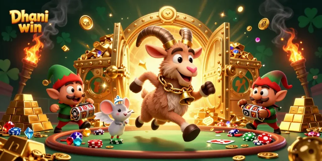 Dive into Dhani win's thrilling casino games with lively cartoon characters amidst jackpot treasures.