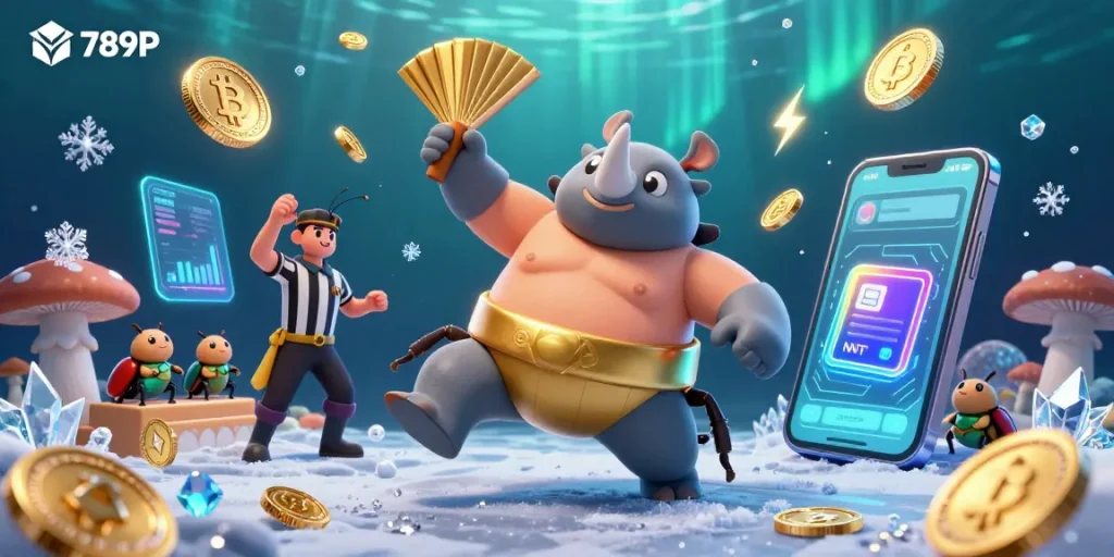 Experience the thrilling excitement of 789P with a sumo champion beetle amidst flying cryptocurrency coins.