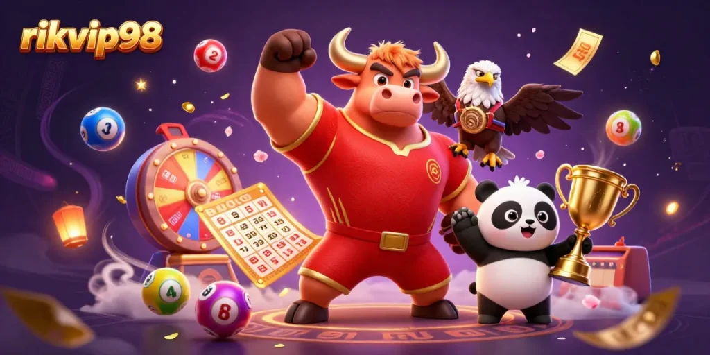 Play and win at rikvip98 with vibrant gaming symbols and characters celebrating in style.