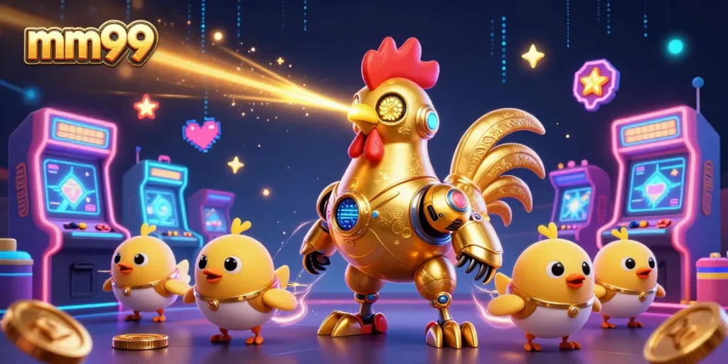 Experience mm99 with a futuristic golden rooster robot amidst arcade and casino elements.