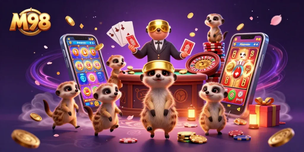 M98's lively meerkats orchestrating a vibrant casino scene with dynamic gaming action.