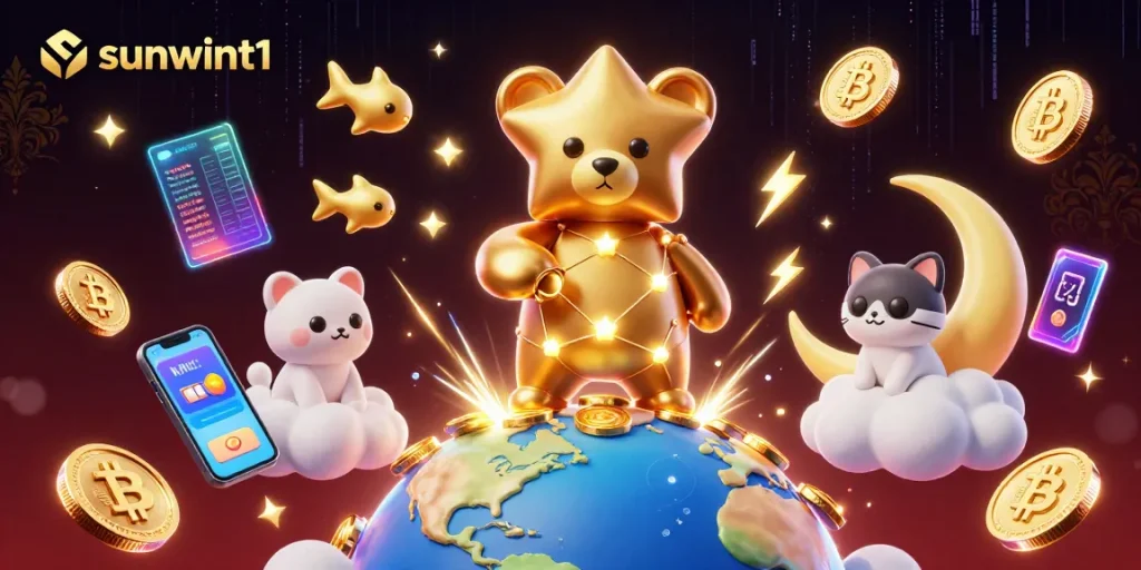 Engage with the sunwint1 constellation bear gathering coins amidst vibrant digital casino elements.